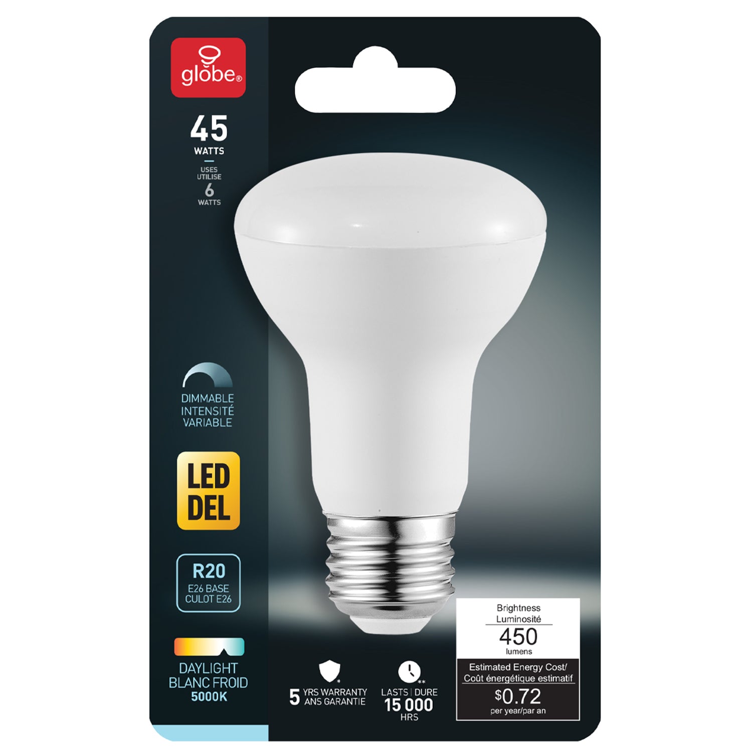 Equate Led Directional R20 Bulb 45W Equivalent R20 E26 Base LED Light Bulb – Globe Electric