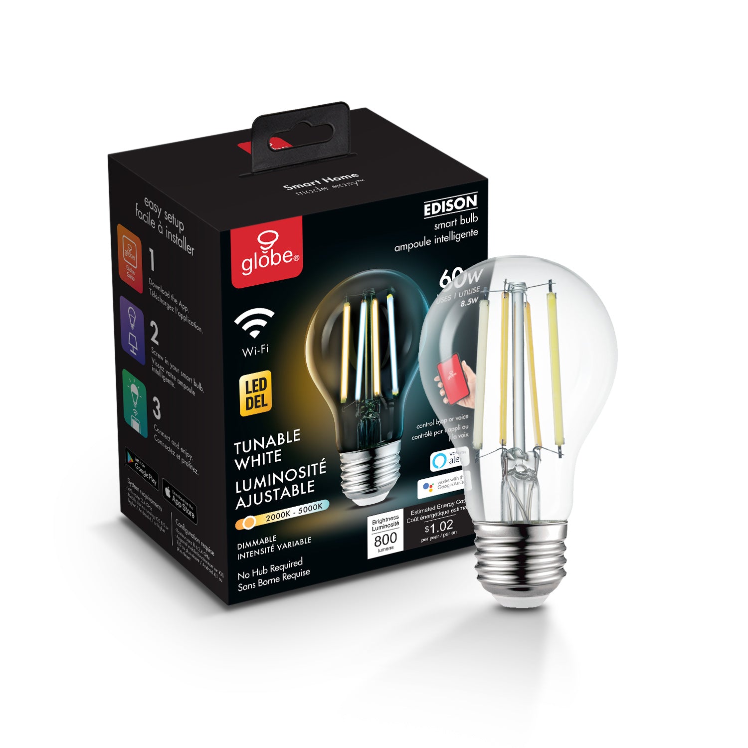 Smart A19 Vintage Filament Tunable White LED Bulb – Globe Electric