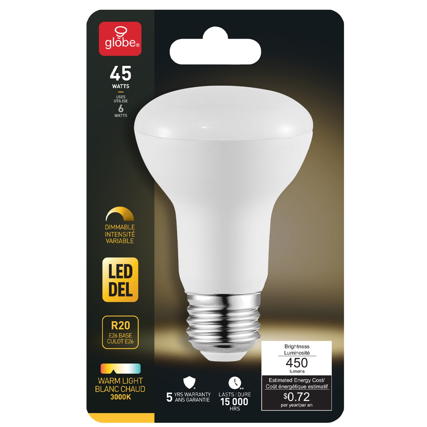 Led Glass R20 45W Equivalent R20 E26 Base LED Light Bulb – Globe Electric