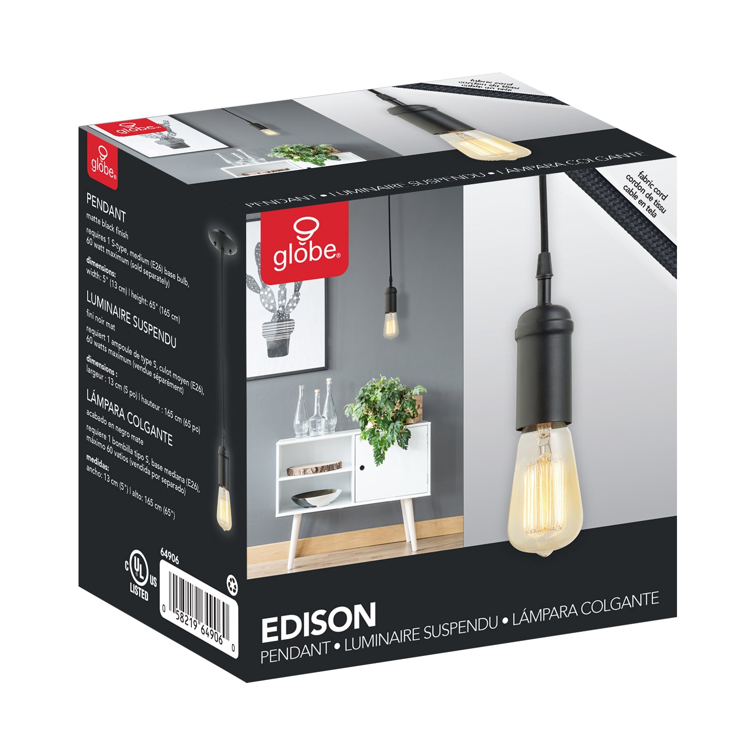 Edison 1-Light Matte Black Pendant – Globe Electric